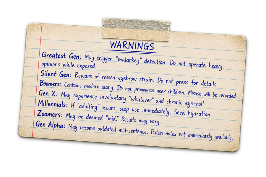 Warnings card, from the back cover